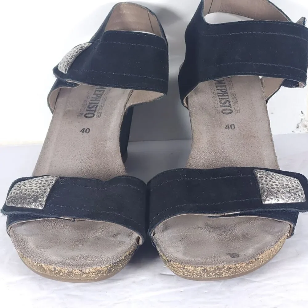Mephisto Women's Jackie 40 US9-9,5 Black Leather Cork Embellished Wedge Sandals